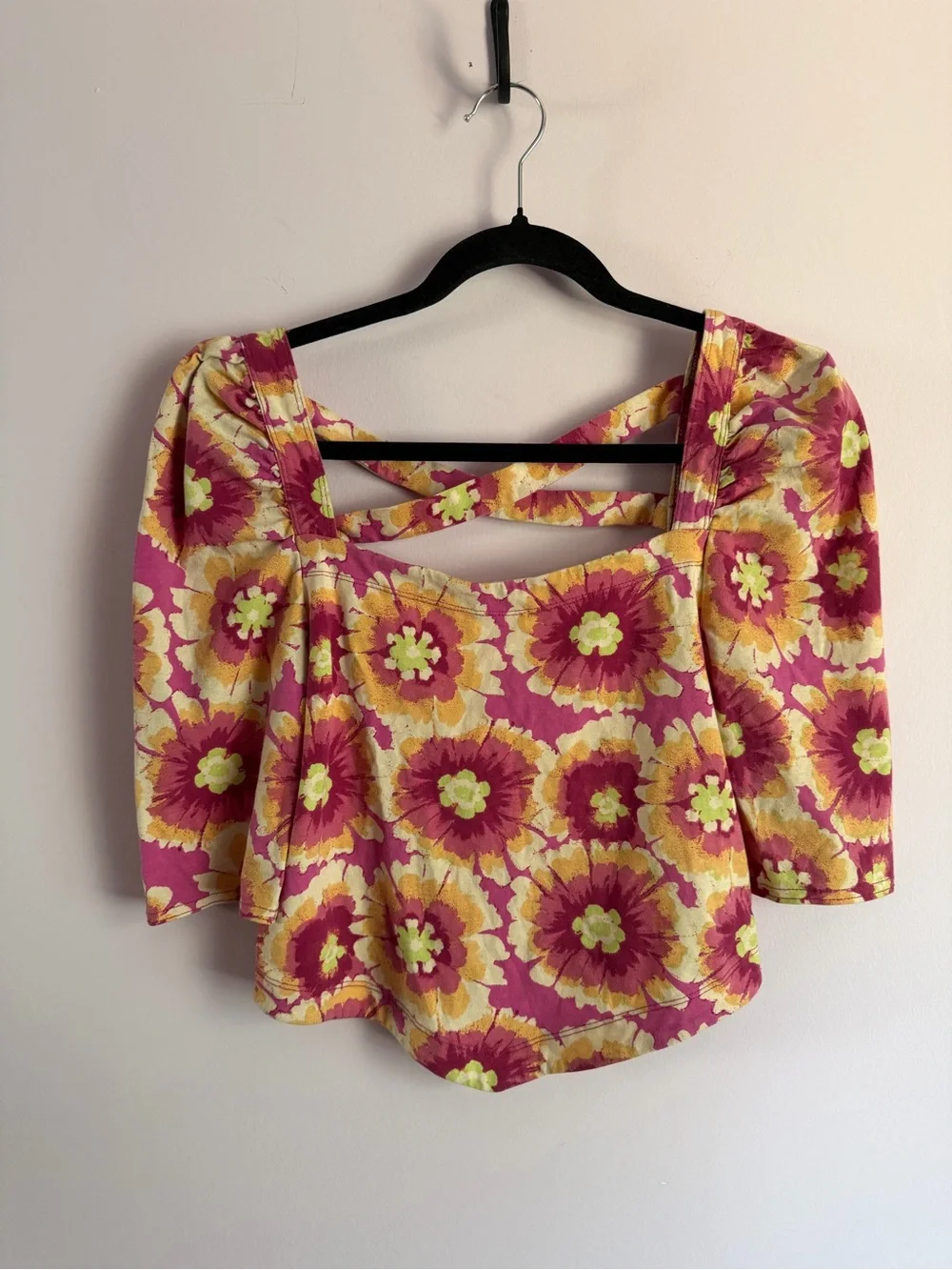 Free People Floral Square Puff Sleeve Give Me More Crop Top Cotton Cottagecore M
